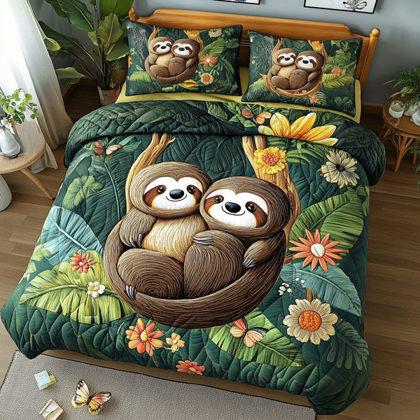 Sloth and Serenity quilted 3-piece bedding set on a made bed with two matching pillow shams