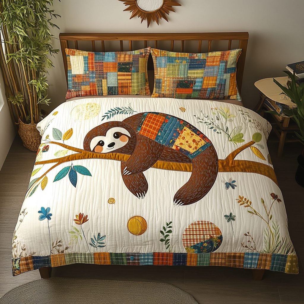 Slothful Bliss quilted 3-piece bedding set on a made bed with two matching pillow shams