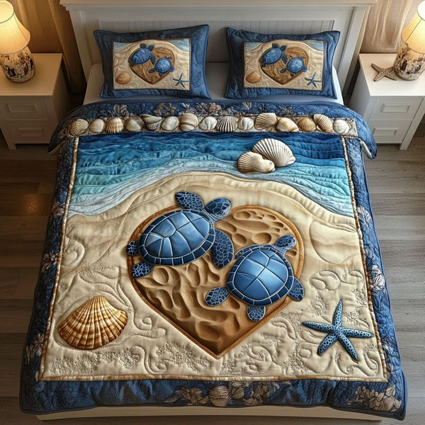 Slow and Steady Love quilted 3-piece bedding set on a made bed with two matching pillow shams