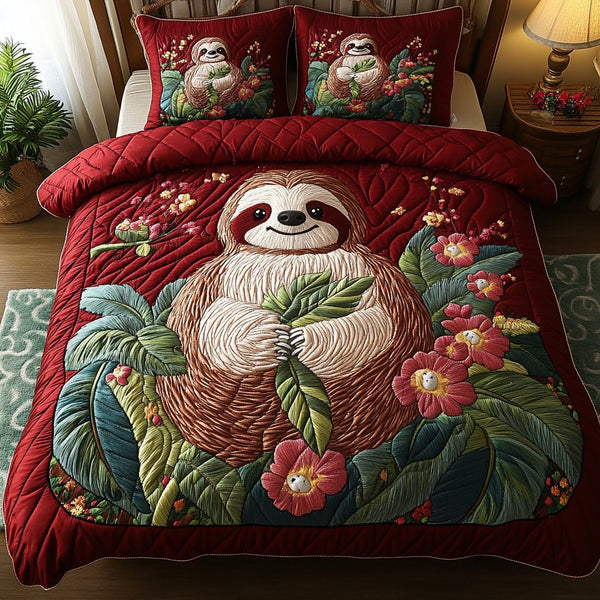 Slow and Steady quilted 3-piece bedding set on a made bed with two matching pillow shams