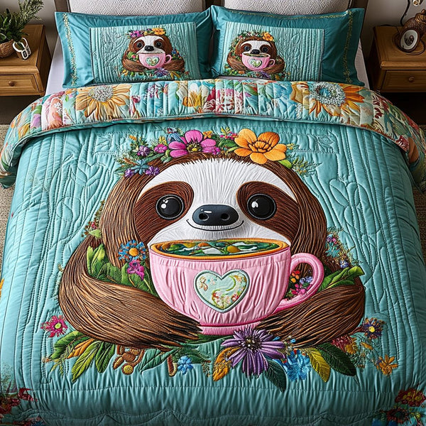 Slow and Steady quilted 3-piece bedding set on a made bed with two matching pillow shams