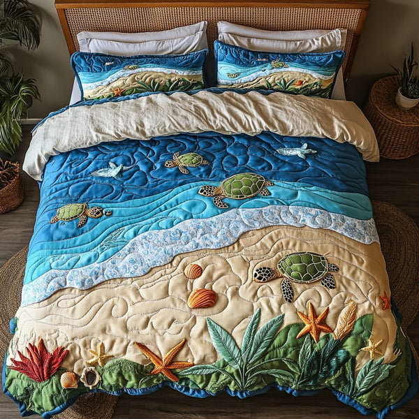 Slow and Steady quilted 3-piece bedding set on a made bed with two matching pillow shams