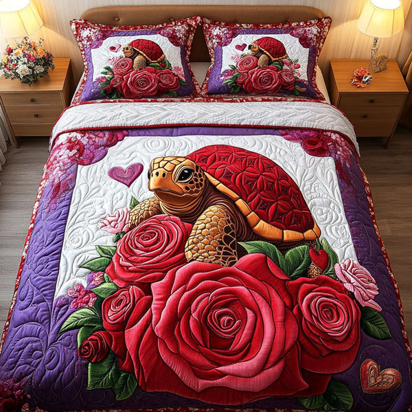 Slow and Steady quilted 3-piece bedding set on a made bed with two matching pillow shams