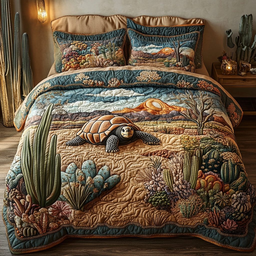 Slow Journey quilted 3-piece bedding set on a made bed with two matching pillow shams
