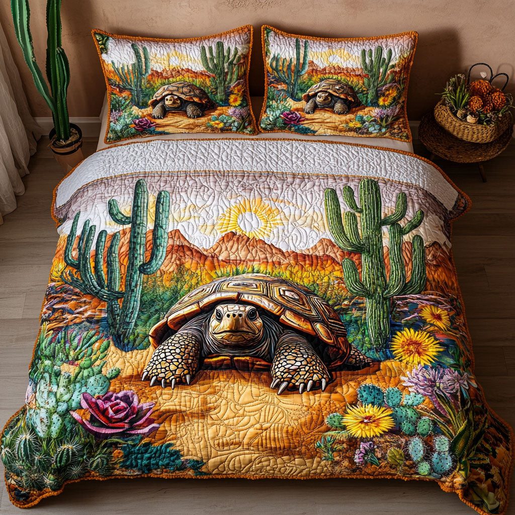 Slow Serenity quilted 3-piece bedding set on a made bed with two matching pillow shams
