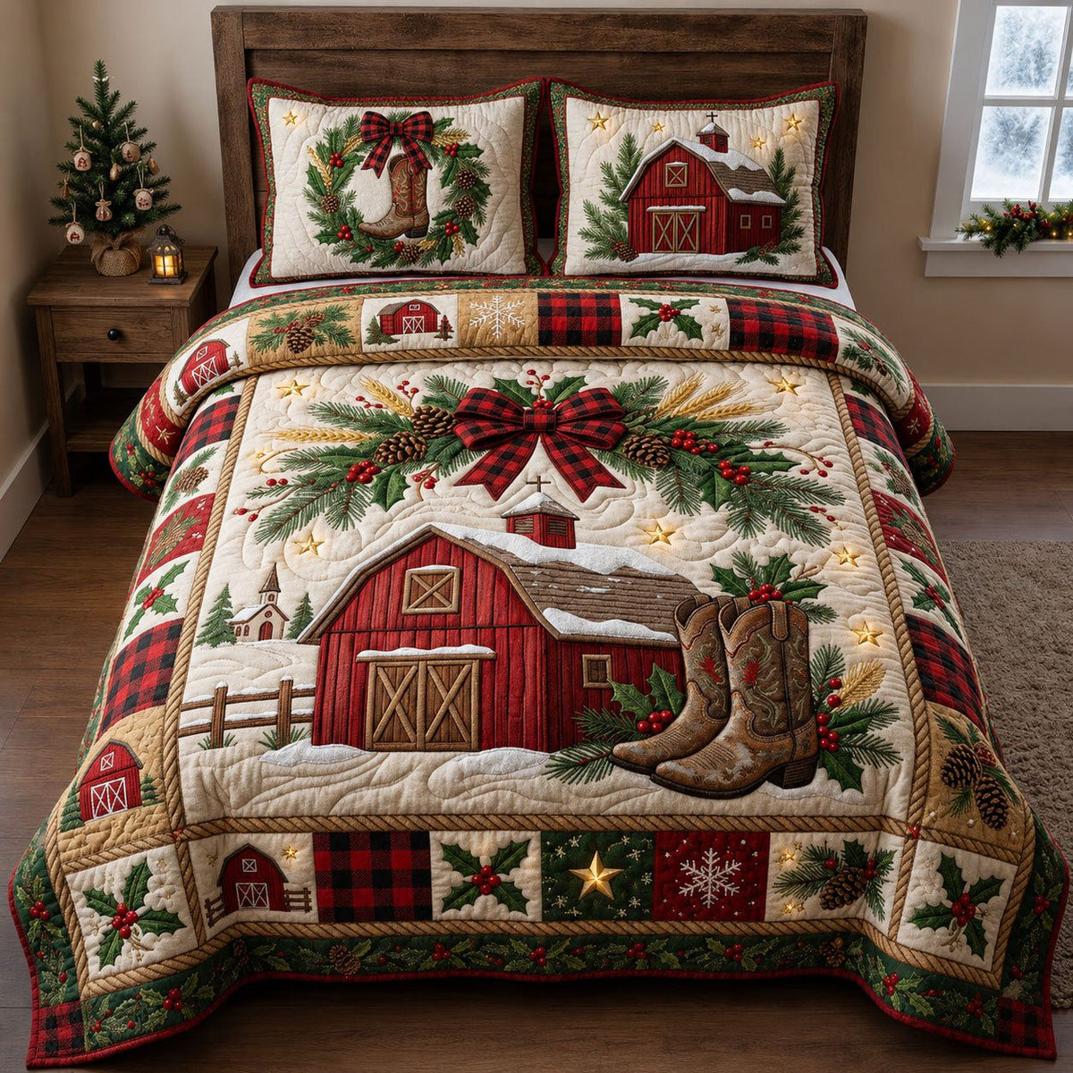 Small Town Christmas quilted 3-piece bedding set on a made bed in a winter-styled bedroom