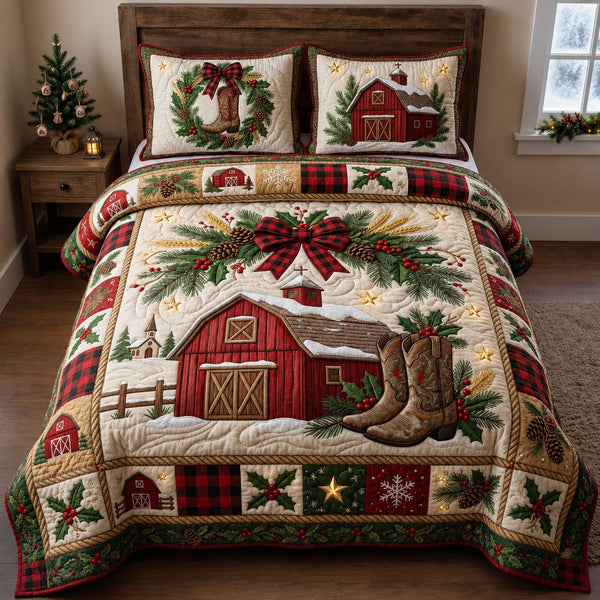 Small Town Christmas quilted 3-piece bedding set on a made bed in a winter-styled bedroom