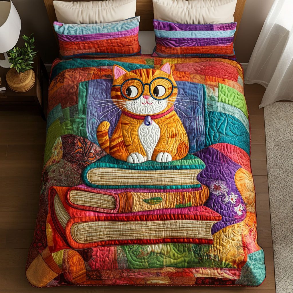 Smarty Whiskers quilted 3-piece bedding set on a made bed with two matching pillow shams