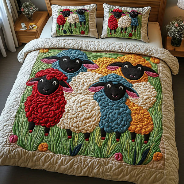 Smiling Fleece Buddies quilted 3-piece bedding set on a made bed with two matching pillow shams