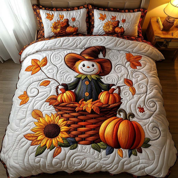 Smiling Scarecrow Field quilted 3-piece bedding set on a made bed with two matching pillow shams
