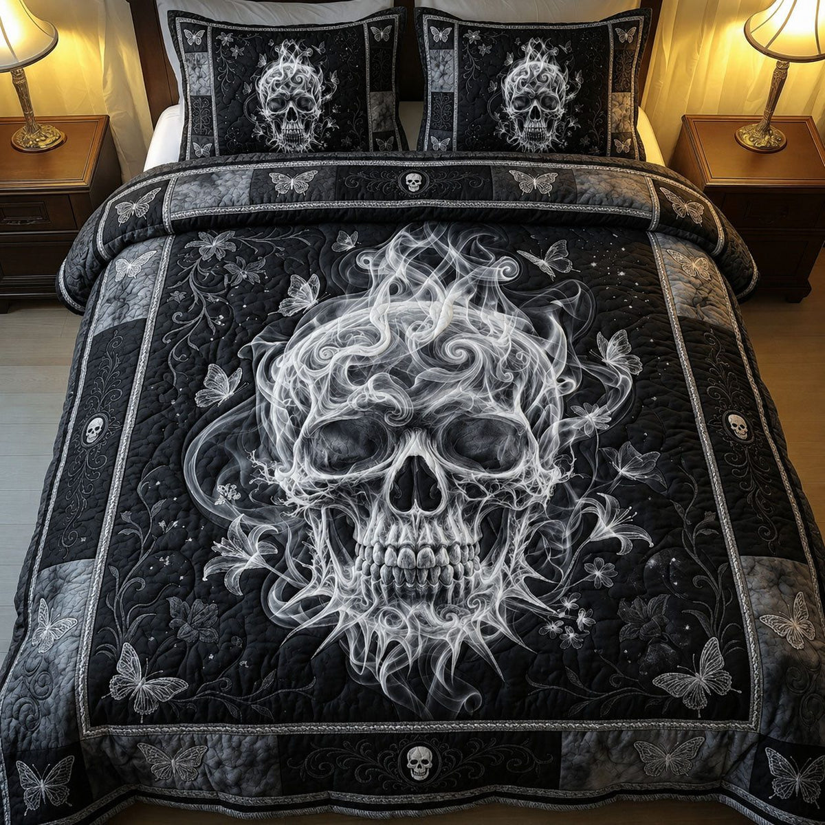 Smoke Skull quilted 3-piece bedding set on a made bed against a dark styled interior