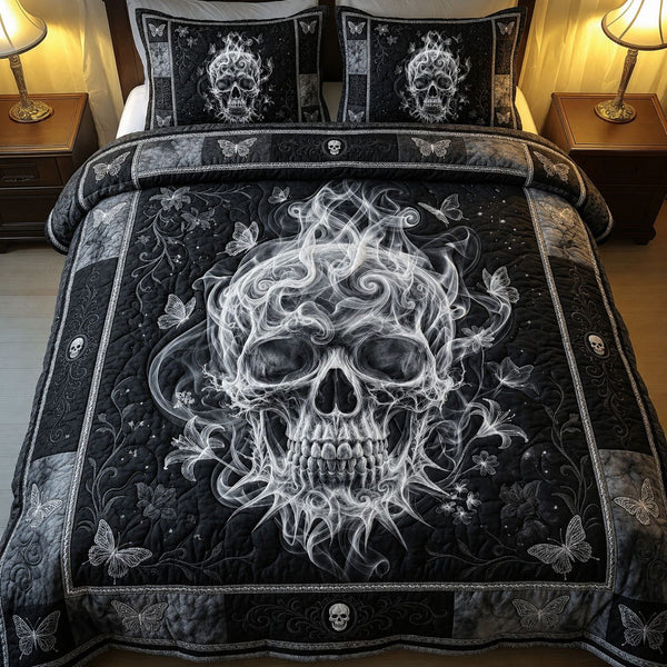 Smoke Skull quilted 3-piece bedding set on a made bed against a dark styled interior