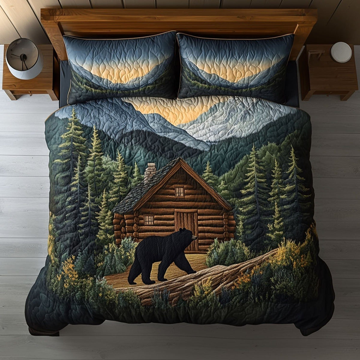 Smoky Bear Cabin quilted 3-piece bedding set on a made bed with two matching pillow shams