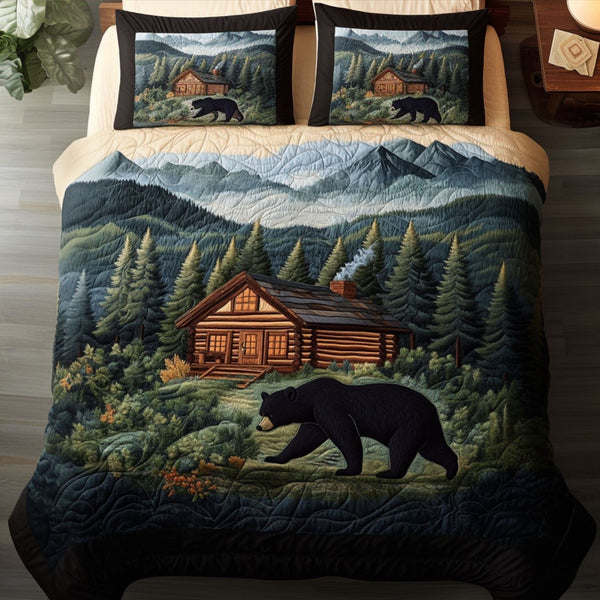 Smoky Bear Retreat quilted 3-piece bedding set on a made bed with two matching pillow shams