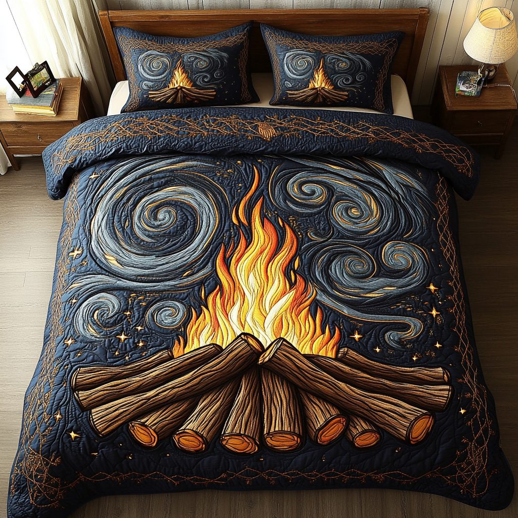 Smoky Echo quilted 3-piece bedding set on a made bed with two matching pillow shams