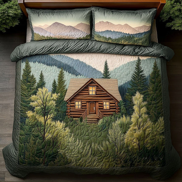 Smoky Glen Cabin quilted 3-piece bedding set on a made bed with two matching pillow shams