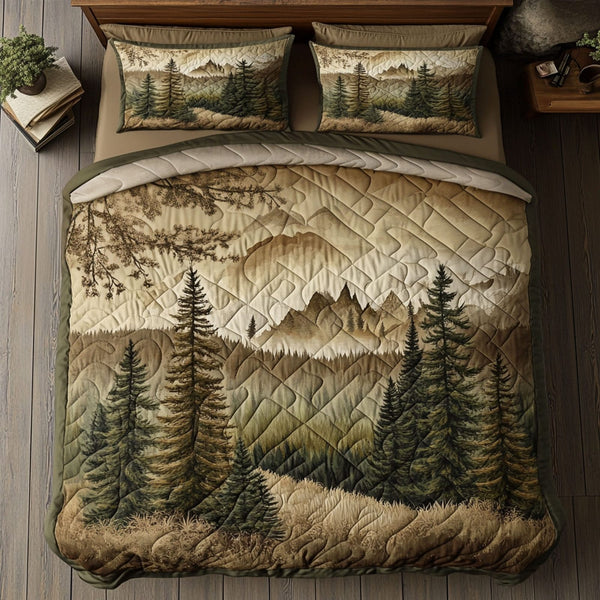 Smoky Horizon quilted 3-piece bedding set on a made bed with two matching pillow shams