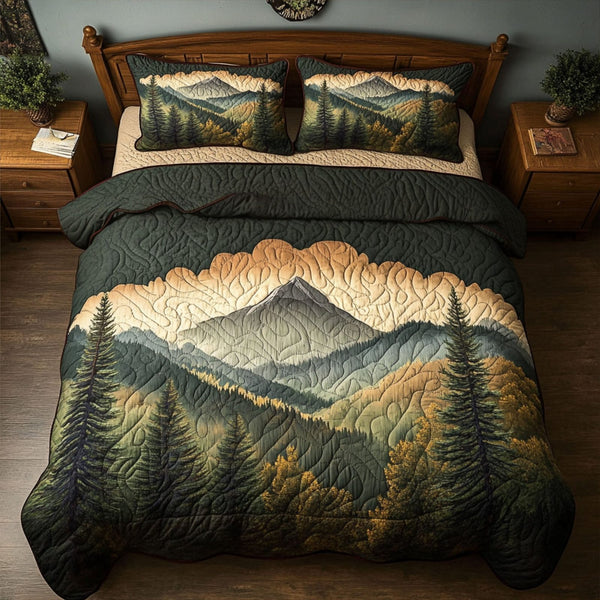 Smoky Peaks quilted 3-piece bedding set on a made bed with two matching pillow shams