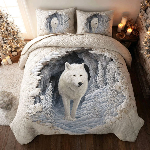 Snow Alpha quilted 3-piece bedding set on a made bed with two matching pillow shams
