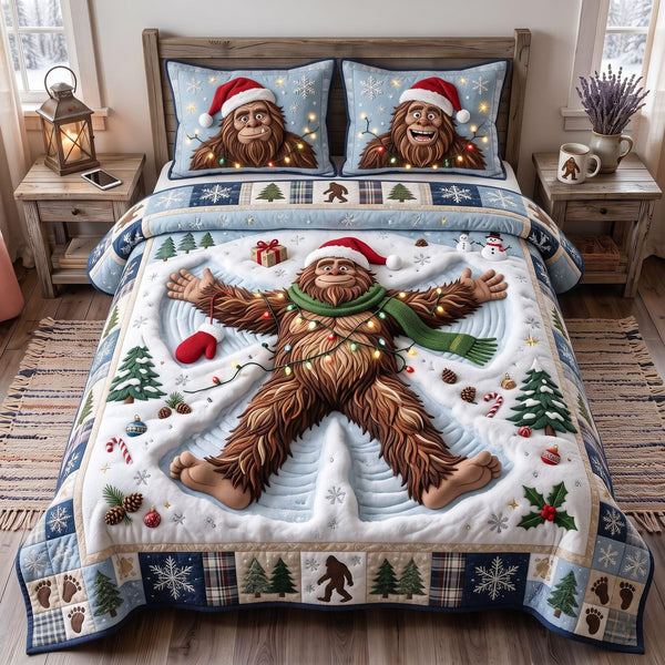 Snow Angel Bigfoot quilted 3-piece bedding set on a made bed in a softly lit bedroom