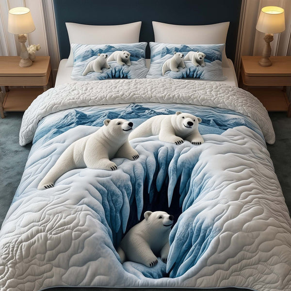 Snow Bear Duvet Cover Set - Design 1 quilted 3-piece bedding set on a made bed with two matching pillow shams