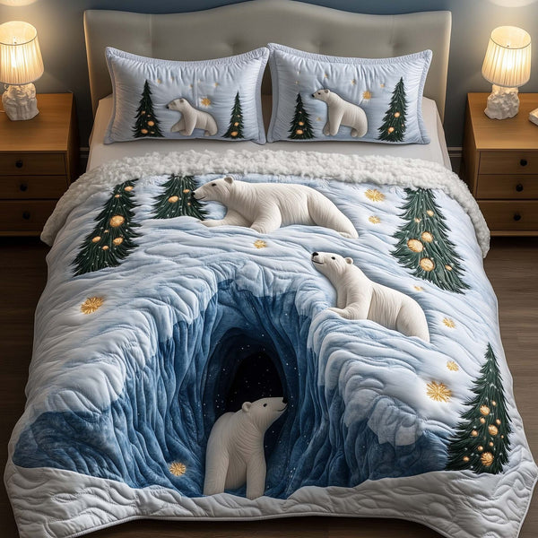 Snow Bear Duvet Cover Set - Design 2 quilted 3-piece bedding set on a made bed with two matching pillow shams
