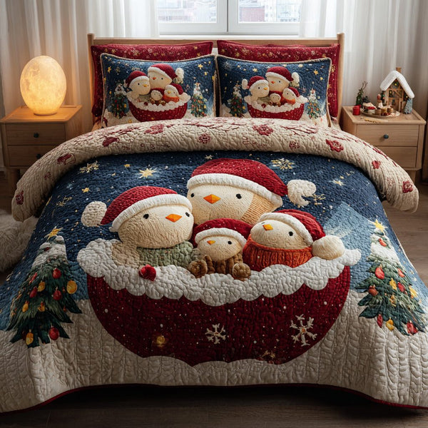 Snow Bird Christmas quilted 3-piece bedding set on a made bed in a winter-styled bedroom