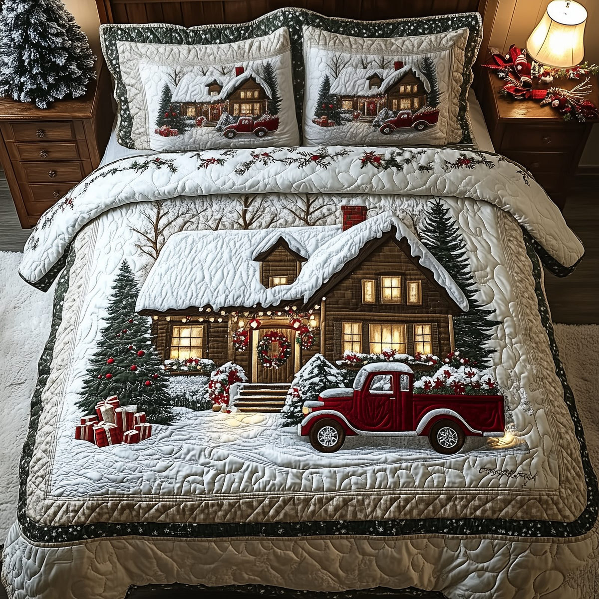 Snow Cabin quilted 3-piece bedding set on a made bed with two matching pillow shams