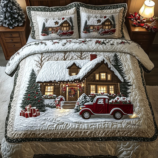 Snow Cabin quilted 3-piece bedding set on a made bed with two matching pillow shams