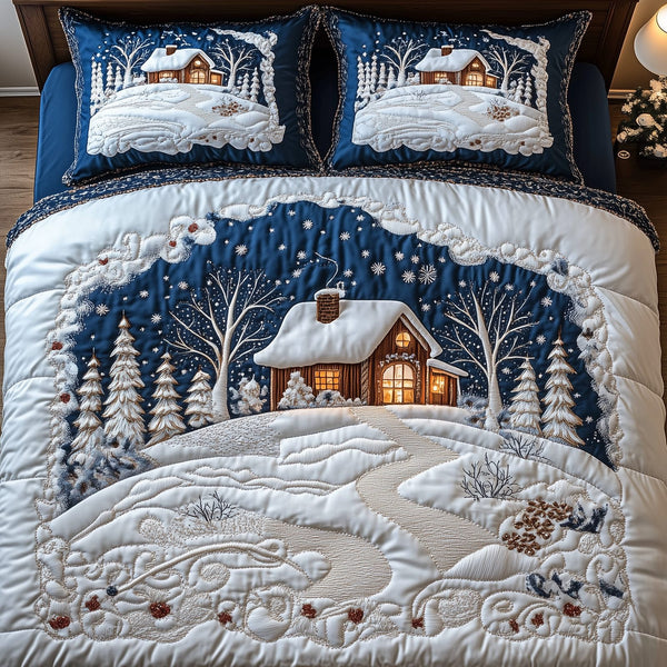 Snow Cabin quilted 3-piece bedding set on a made bed with two matching pillow shams