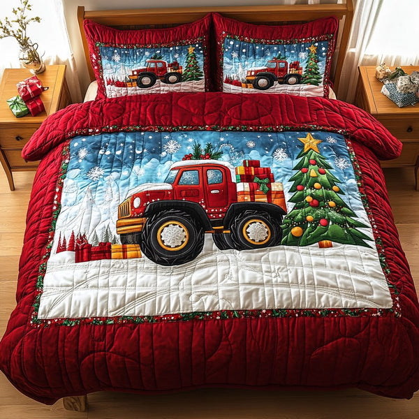 Snow Drift Hauler quilted 3-piece bedding set on a made bed with two matching pillow shams