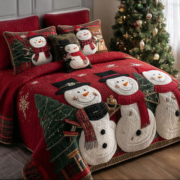 Snow Family quilted 3-piece bedding set on a made bed with two matching pillow shams