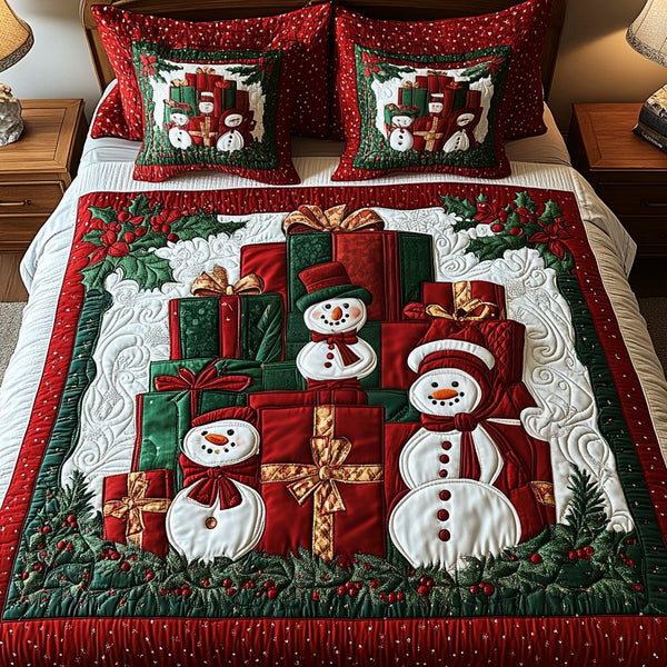 Snow Gift Magic quilted 3-piece bedding set on a made bed with two matching pillow shams