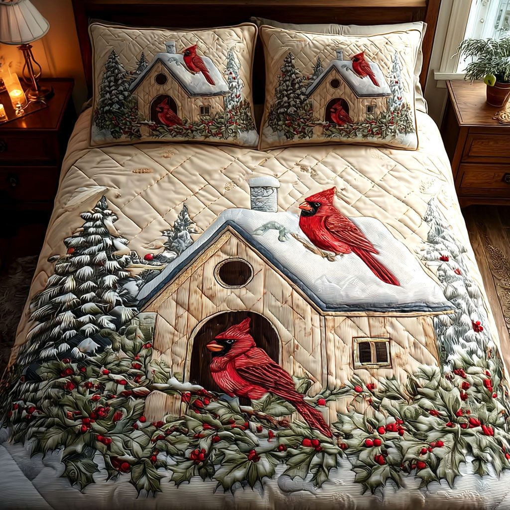 Snow Haven quilted 3-piece bedding set on a made bed with two matching pillow shams