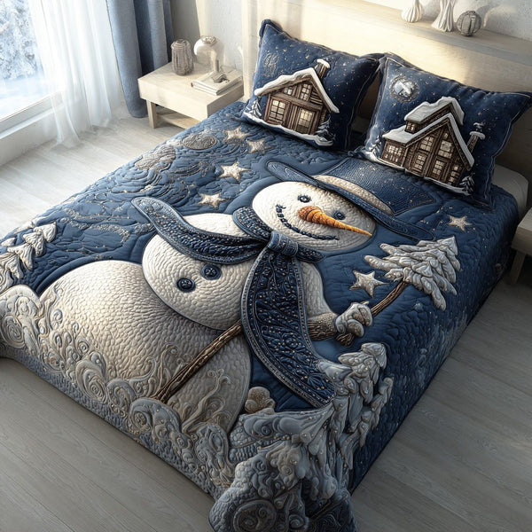 Snow Lantern Friend quilted 3-piece bedding set on a made bed with two matching pillow shams