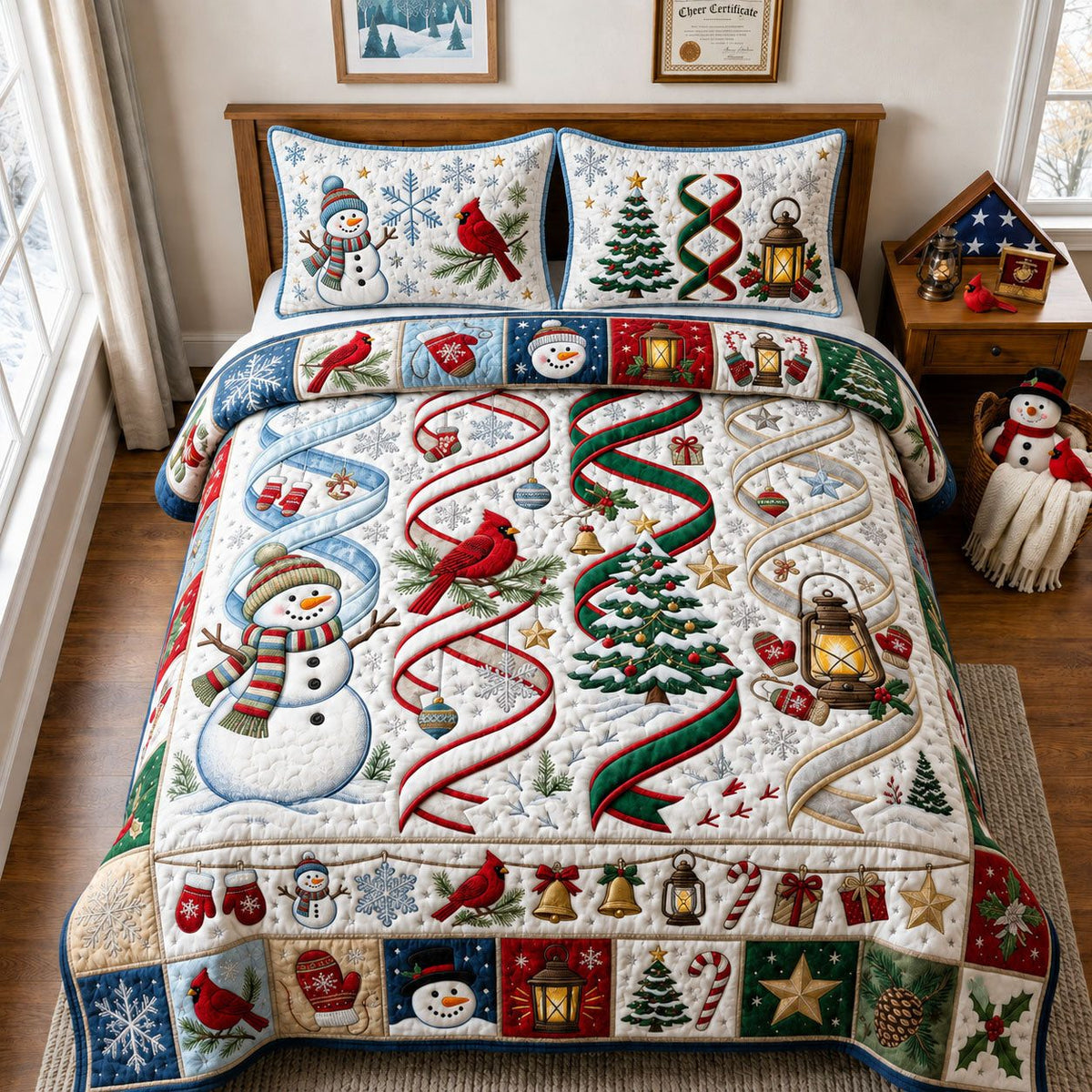 Snow Twinkle Spiral quilted 3-piece bedding set on a made bed with two matching pillow shams