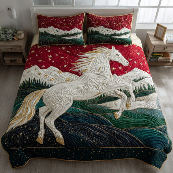 Snow White Horse quilted 3-piece bedding set on a made bed in a rustic timber bedroom