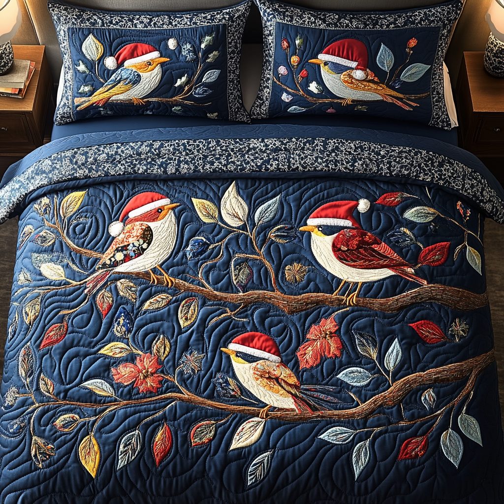 Snowbird Serenade quilted 3-piece bedding set on a made bed with two matching pillow shams