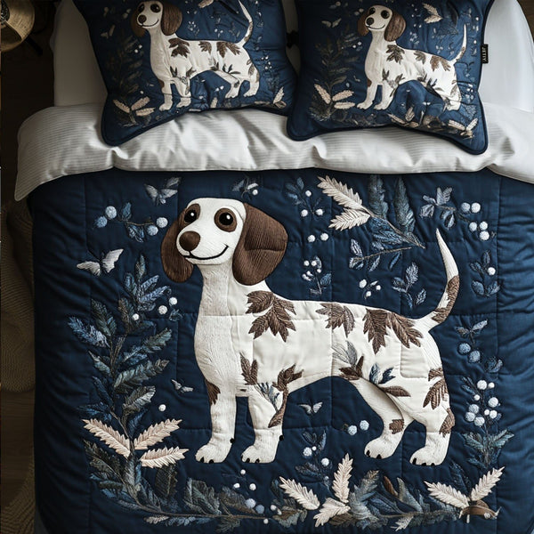 Snowbound Buddy quilted 3-piece bedding set on a made bed with two matching pillow shams