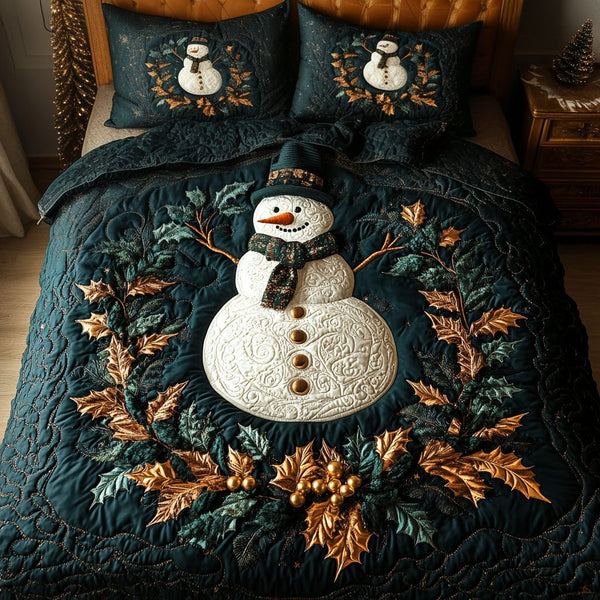 Snowbound Cheer quilted 3-piece bedding set on a made bed with two matching pillow shams