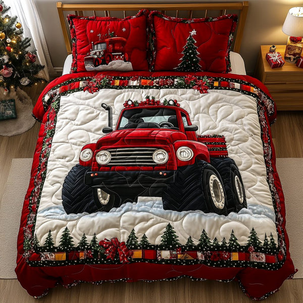 Snowbound Monster Truck quilted 3-piece bedding set on a made bed with two matching pillow shams