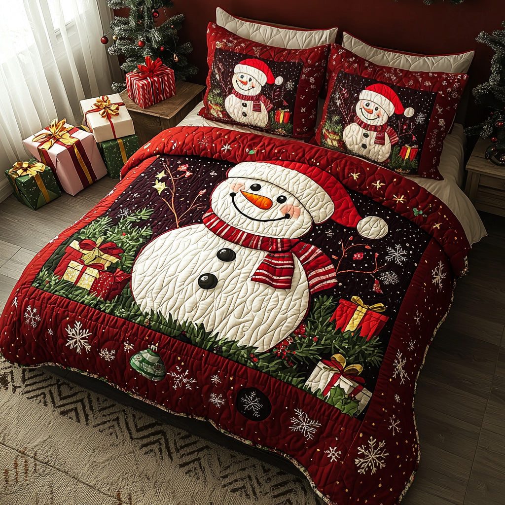 Snowbound quilted 3-piece bedding set on a made bed with two matching pillow shams