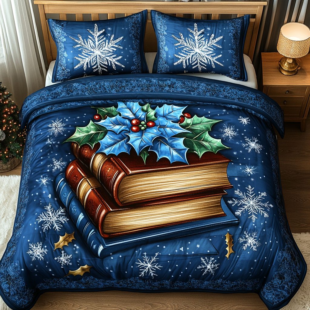 Snowbound Stories quilted 3-piece bedding set on a made bed with two matching pillow shams