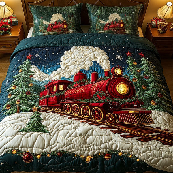 Snowbound Train quilted 3-piece bedding set on a made bed with two matching pillow shams