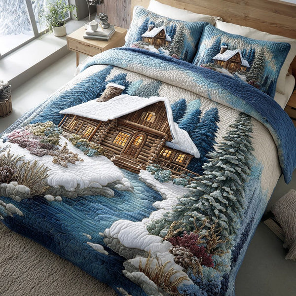 Snowcrest Forest Haven quilted 3-piece bedding set on a made bed with two matching pillow shams