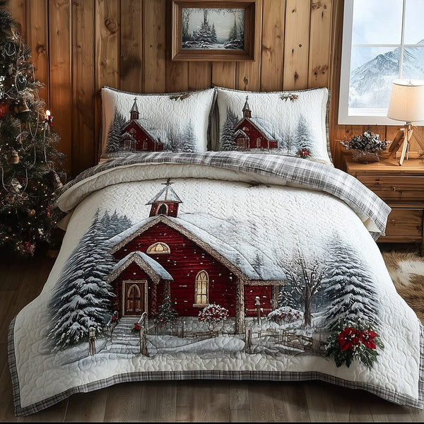 Snowfall at the Chapel quilted 3-piece bedding set on a made bed in a softly lit bedroom