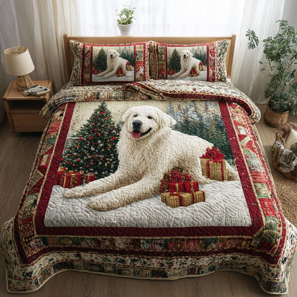 Snowfall Great Pyrenees quilted 3-piece bedding set on a made bed with two matching pillow shams