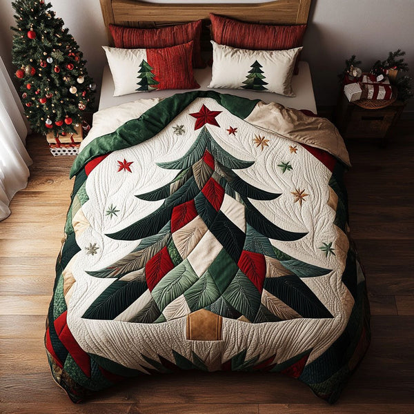 Snowfall Spruce quilted 3-piece bedding set on a made bed with two matching pillow shams
