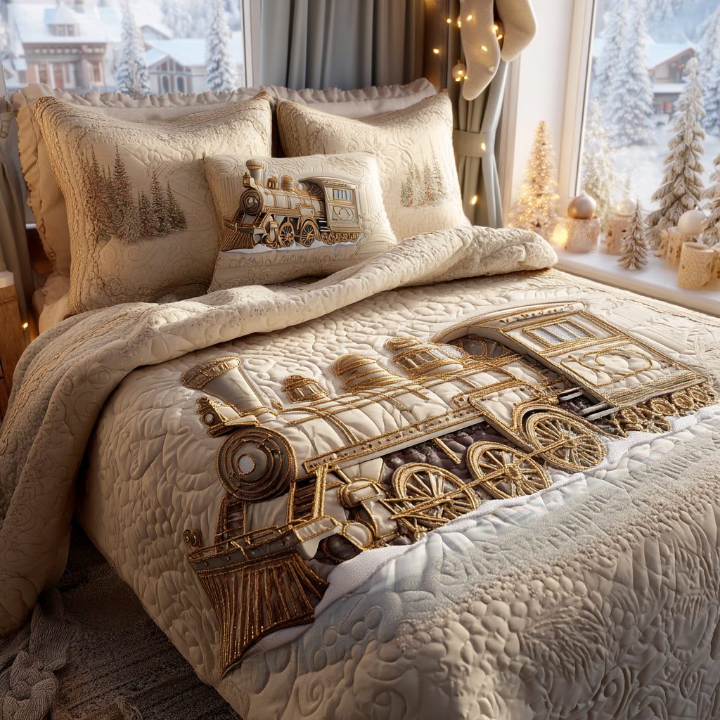 Snowflake Express quilted 3-piece bedding set on a made bed in a winter-styled bedroom