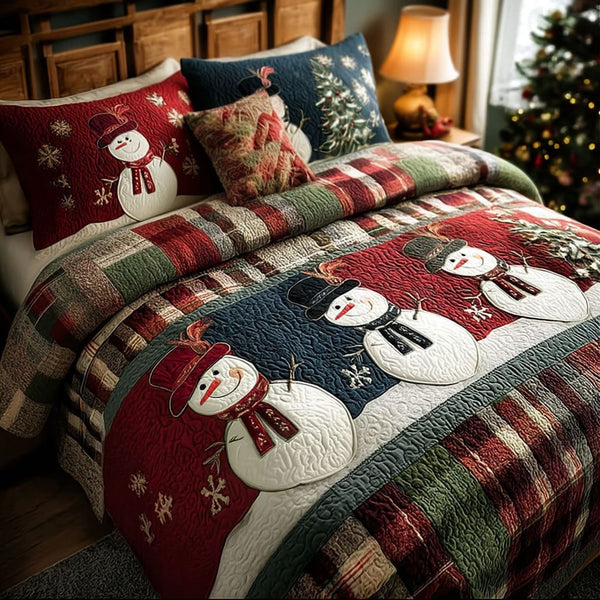 Snowflake Friends quilted 3-piece bedding set on a made bed in a winter-styled bedroom